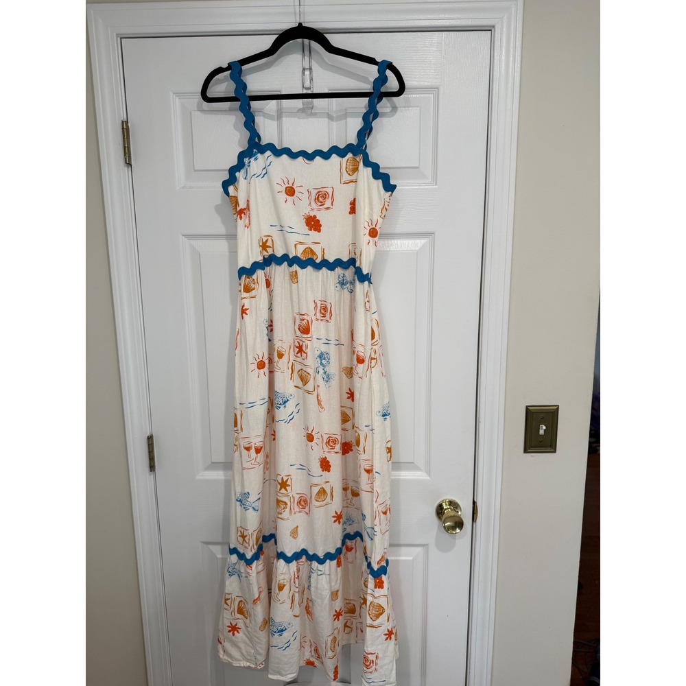 CeCe Coastal Print Linen Blend Ric Rac Trim Midi Dress Cream Orange Blue Medium